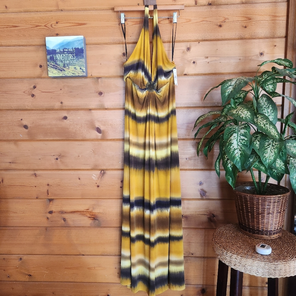 ABS 💜 Essentials Allen Schwartz‎ NWT Gold Multi Tie Dye Halter Maxi Dress 10